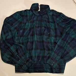 NWT Ann Taylor blouse. Navy and green tartan with shiny thread. Size XS.